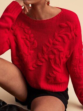 Red Casual Women's Embroidered Round Neck Long Sleeve Sweater